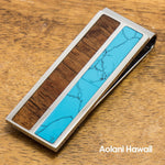 Stainless Steel Money Clip With Koa Wood and Turquoise Inlay - Aolani Hawaii - 1
