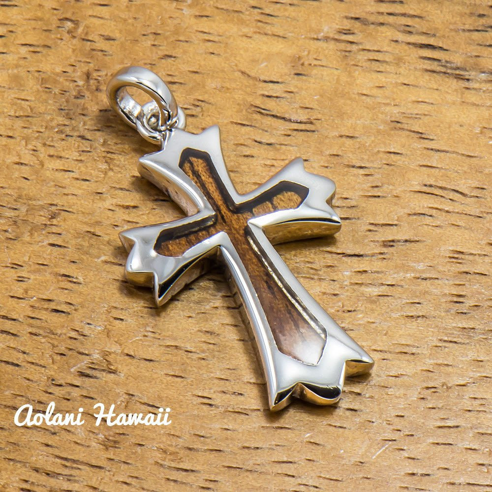 Koa Wood Cross Pendant Handmade with 925 Sterling Silver (23mm x 38mm FREE Stainless Chain Included) - Aolani Hawaii - 1