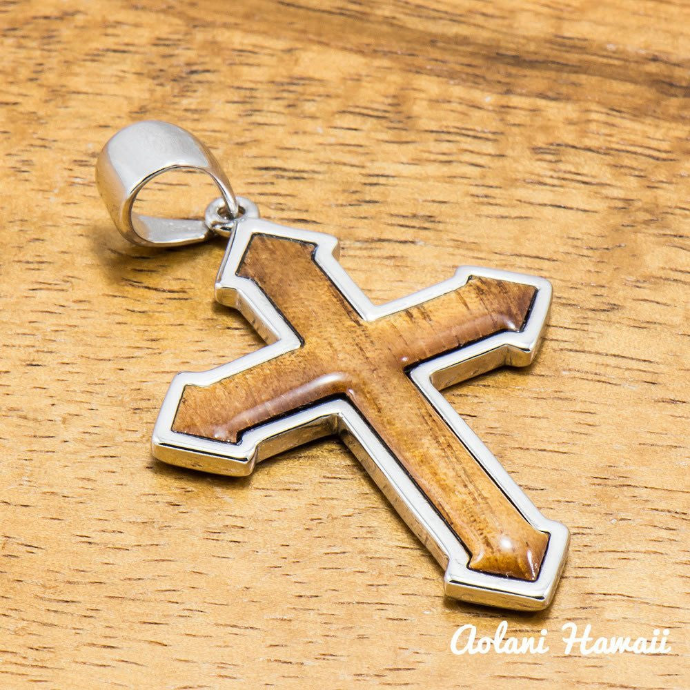 Koa Wood Cross Pendant Handmade with 925 Sterling Silver (30mm x 35mm FREE Stainless Chain Included) - Aolani Hawaii - 1