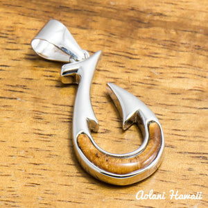 Koa Wood Fishhook Pendant Handmade with 925 Sterling Silver (12mm x 25mm FREE Stainless Chain Included) - Aolani Hawaii - 1