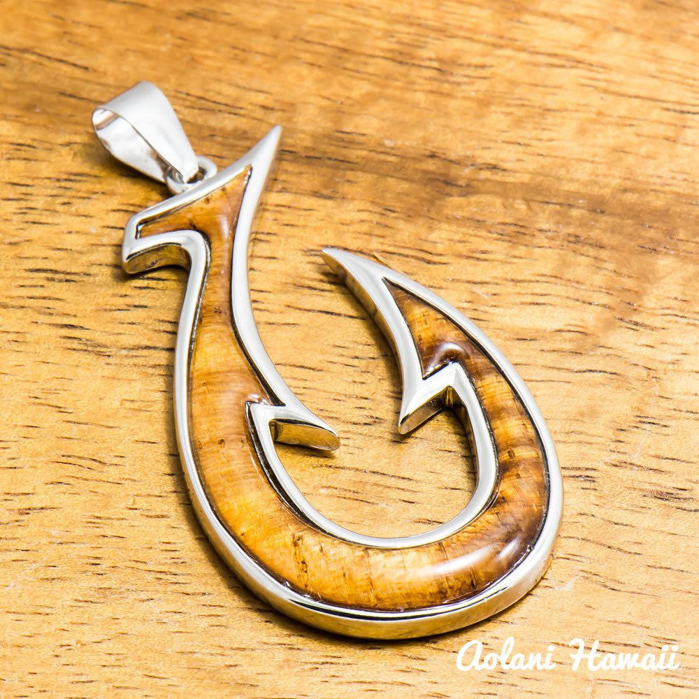 Koa Wood Fishhook Pendant Handmade with 925 Sterling Silver (20mm x 40mm FREE Stainless Chain Included) - Aolani Hawaii - 1