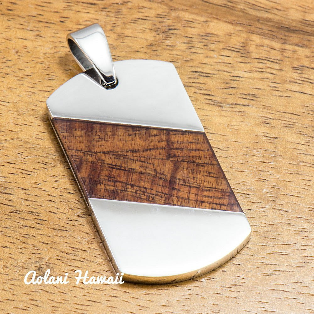 Koa Wood Pendant Handmade with 316L Stainless Steel (24mm X 44 mm, FREE Stainless Chain Included) - Aolani Hawaii - 1