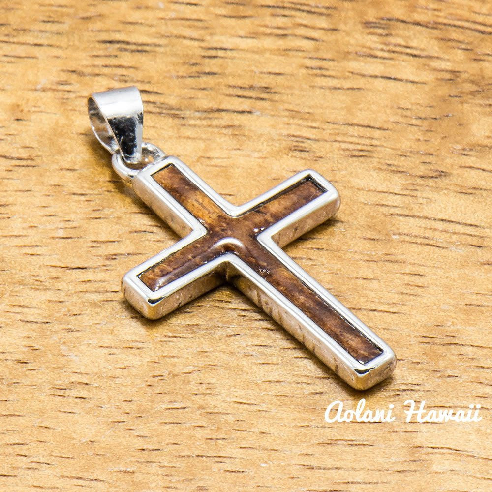 Silver Cross Pendant Handmade with 925 Sterling Silver with Koa wood inlay (20mm x 22mm FREE Stainless Chain Included) - Aolani Hawaii - 1