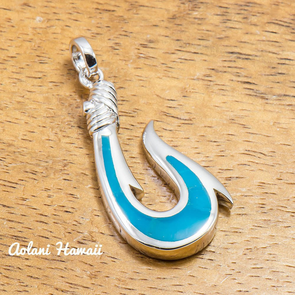 Turquoise Fishhook Pendant Handmade with 925 Sterling Silver (15mm x 30mm Free Stainless Chain Included) 21 Inch