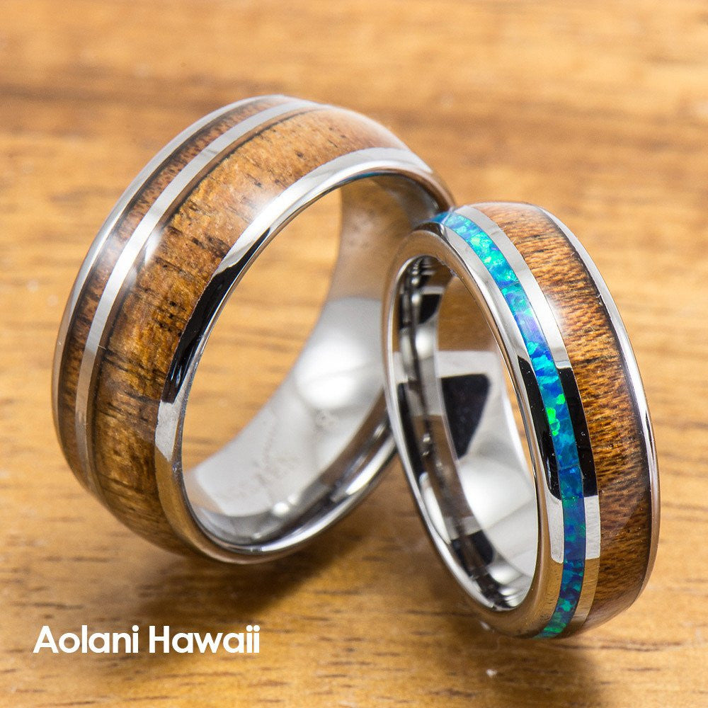 Tungsten Koa Wood Wedding Band Set with Opal Inlay (6mm - 8mm Width) - Aolani Hawaii - 1