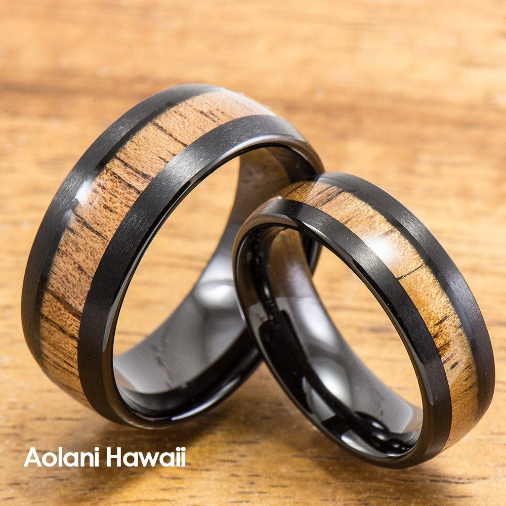 HI Tech Black Tungsten Ring with Hawaiian Wood Inlay (6mm - 8mm width, Barrel style) - Aolani Hawaii - 3