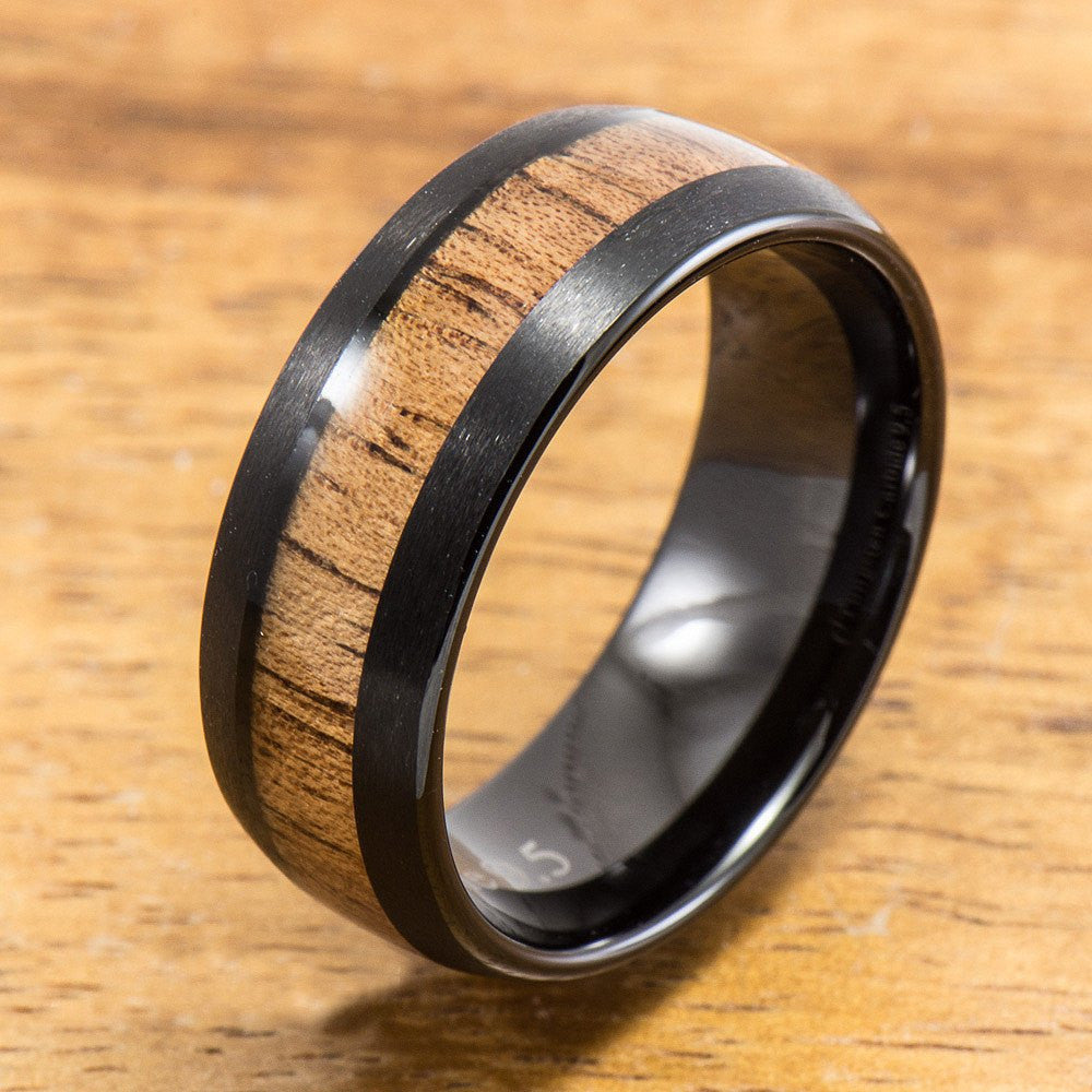 HI Tech Black Tungsten Ring with Hawaiian Wood Inlay (6mm - 8mm width, Barrel style)