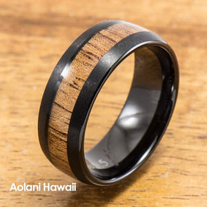 
            
                Load image into Gallery viewer, HI Tech Black Tungsten Ring with Hawaiian Wood Inlay (6mm - 8mm width, Barrel style) - Aolani Hawaii - 1
            
        