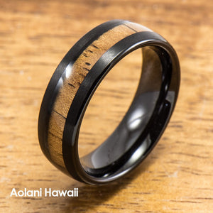 HI Tech Black Tungsten Ring with Hawaiian Wood Inlay (6mm - 8mm width, Barrel style) - Aolani Hawaii - 2