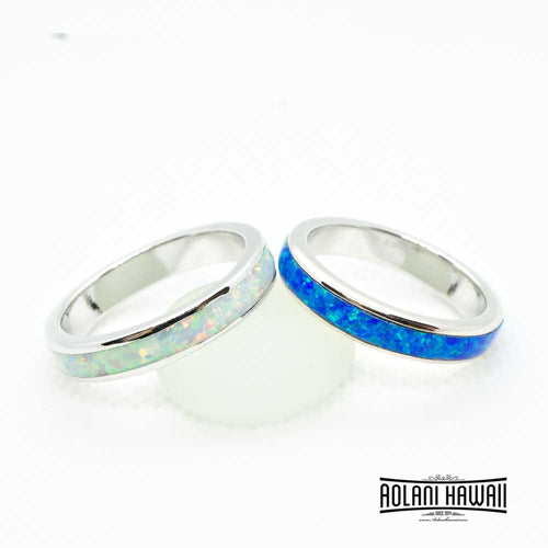 Sterling Silver Ring with Blue White Opal Inlay (4mm Flat Shape)