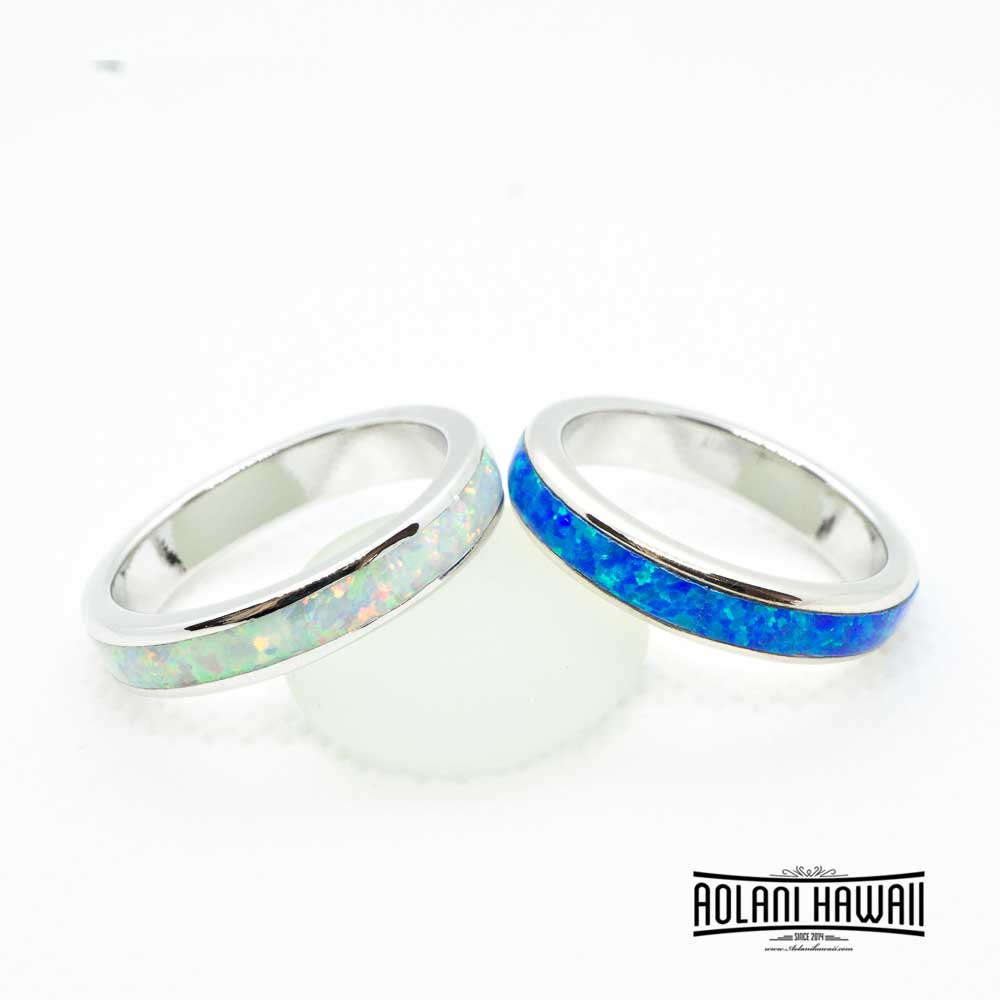 Sterling Silver Ring with Blue White Opal Inlay (3mm Flat Shape)