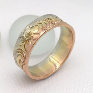 14K Gold Ring Traditional Hawaiian Hand Engraved (6mm Width, Flat Style) - Aolani Hawaii - 2
