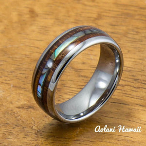 
            
                Load image into Gallery viewer, Abalone and Koa Wood Inlay Tungsten Ring (6mm - 8mm Width, Barrel style)
            
        