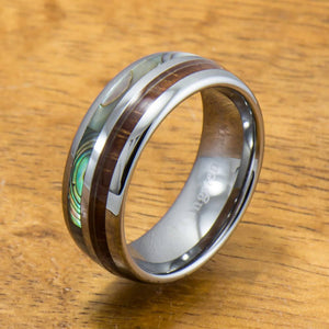 
            
                Load image into Gallery viewer, Abalone and Koa Wood Inlay Tungsten Ring (6mm - 8mm Width, Barrel style)
            
        
