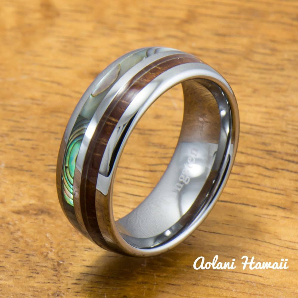 Tungsten Abalone Wedding Band Set with Mother of Pearl Abalone and Koa Wood Inlay (6mm - 8mm Width) - Aolani Hawaii - 2