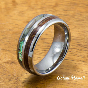 
            
                Load image into Gallery viewer, Tungsten Abalone Wedding Band Set with Mother of Pearl Abalone and Koa Wood Inlay (6mm - 8mm Width) - Aolani Hawaii - 2
            
        
