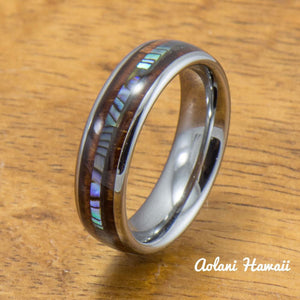 Tungsten Abalone Wedding Band Set with Mother of Pearl Abalone and Koa Wood Inlay (6mm - 8mm Width) - Aolani Hawaii - 3