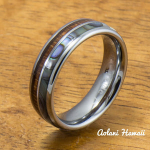 Tungsten Abalone Wedding Band Set with Mother of Pearl Abalone and Koa Wood Inlay (6mm - 8mm Width) - Aolani Hawaii - 3