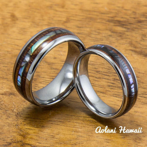 Tungsten Wedding Band Set with Mother of Pearl Abalone and Koa Wood Inlay (6mm - 8mm Width)