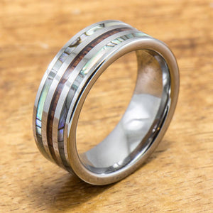 Abalone Ring with Made with Tungsten and Koa Wood Inlay (8mm Width, Flat style)