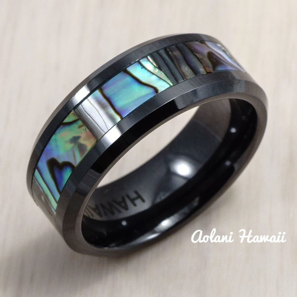 Black Ceramic Ring with Abalone Inlay (8 mm width, Flat Style) - Aolani Hawaii - 2