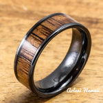 Black Ceramic Ring with Hawaiian Koa Wood (4mm - 8 mm width, Flat Style) - Aolani Hawaii - 1