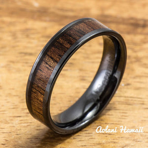 Black Ceramic Ring with Hawaiian Koa Wood (4mm - 8 mm width, Flat Style) - Aolani Hawaii - 2