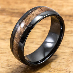
            
                Load image into Gallery viewer, Black Ceramic Ring with Koa Wood Inlay (4mm - 8 mm width, Barrel Style)
            
        