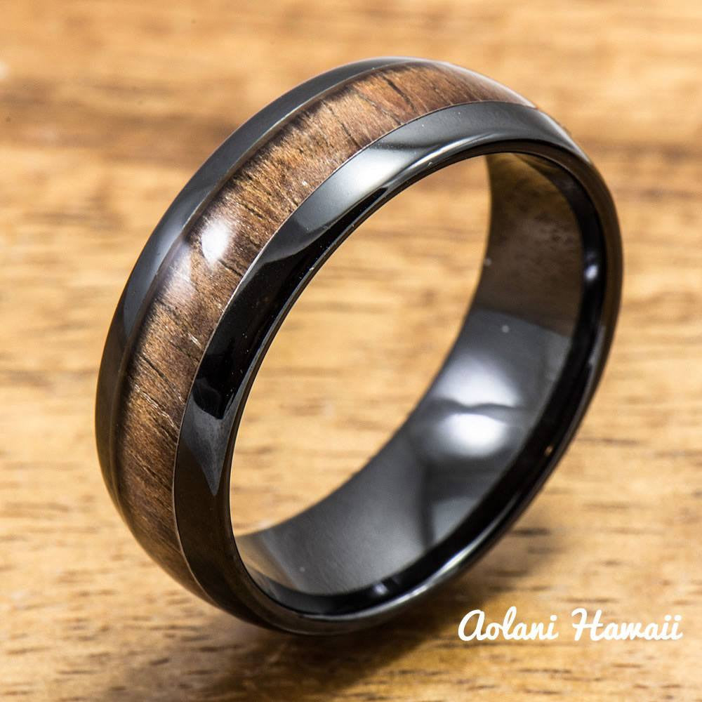 Black Wedding Ring Set - Black Ceramic Ring with Koa Wood Inlay (4mm & 8 mm width, Barrel Style) - Aolani Hawaii - 2