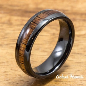 Wedding Ring Set - Black Ceramic Ring with Koa Wood Inlay (6mm & 8 mm width, Barrel Style) - Aolani Hawaii - 3