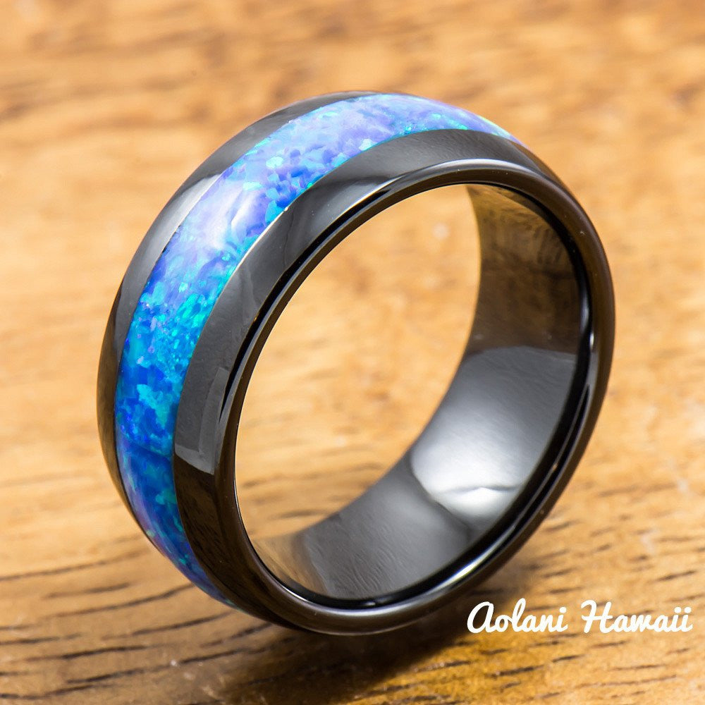 Black Ceramic Ring with Opal Inlay (8mm Width, Barrel Shape Style, Comfort Fitment) - Aolani Hawaii