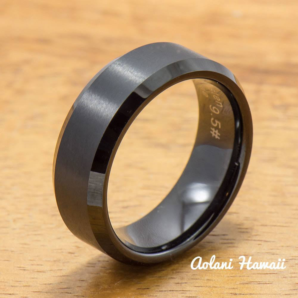 Black Tungsten Ring with Brushed Satin Center Inlay (6mm - 8mm width, Flat style) - Aolani Hawaii - 1