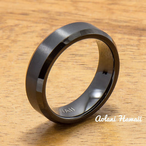 Black Tungsten Ring with Brushed Satin Center Inlay (6mm - 8mm width, Flat style) - Aolani Hawaii - 2