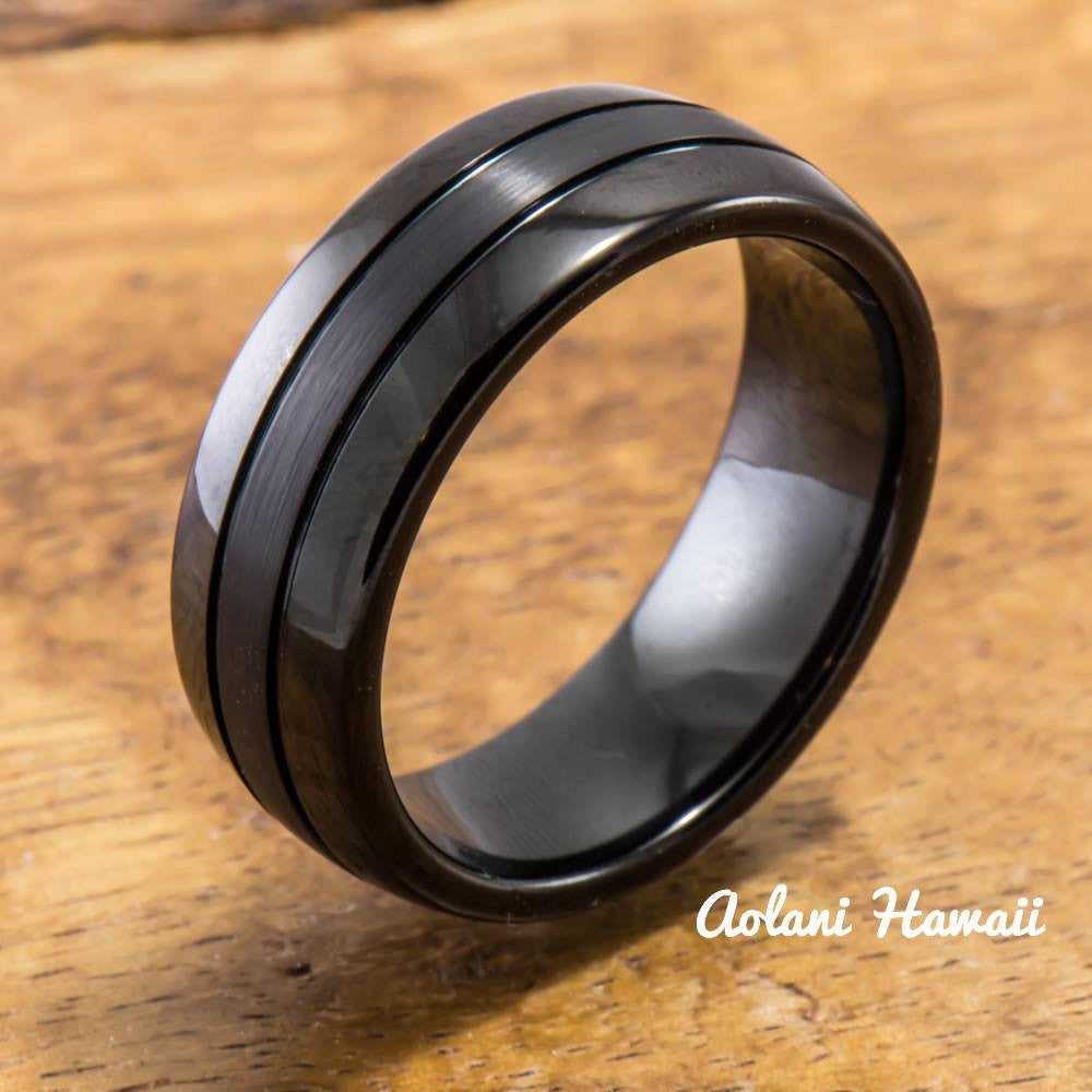 Black Tungsten Ring with Brushed Satin Center Inlay ( 8mm width, Barrel style) - Aolani Hawaii