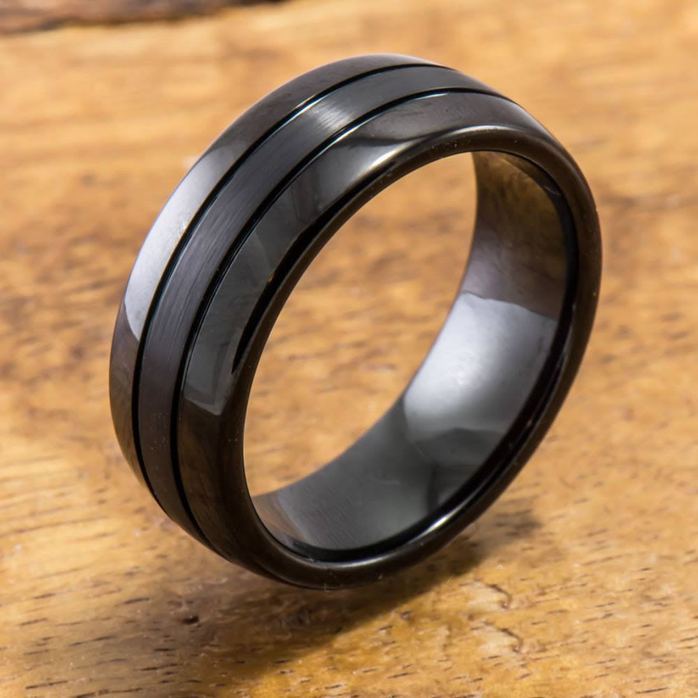 
            
                Load image into Gallery viewer, Black Tungsten Ring with Brushed Satin Center Inlay ( 8mm width, Barrel style)
            
        