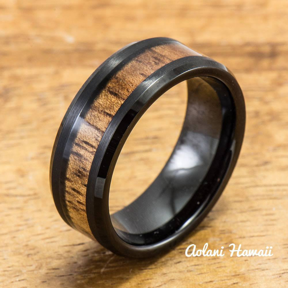 Black Tungsten Ring with Hawaiian Koa Wood Inlay (8mm width, Flat style) - Aolani Hawaii