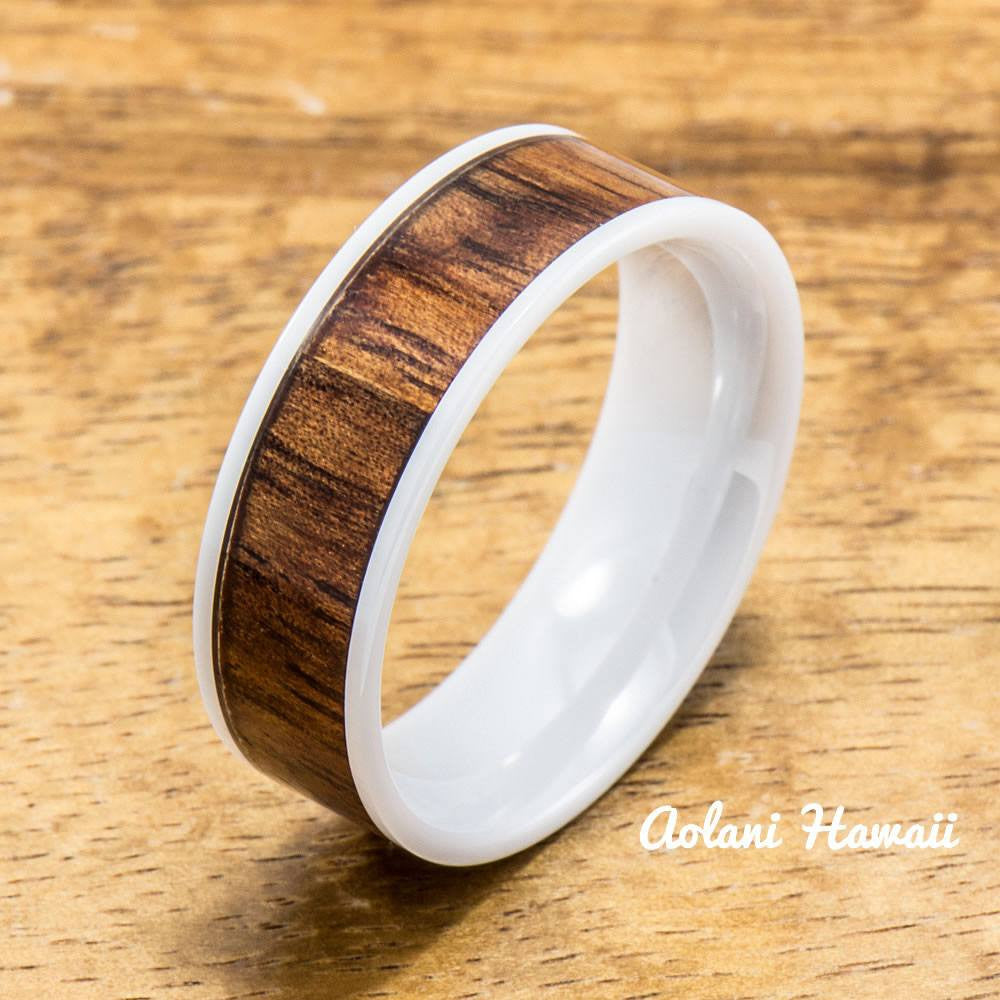 Ceramic Ring Wedding Ring with Koa Wood (4mm - 8 mm width, Flat Style) - Aolani Hawaii - 1