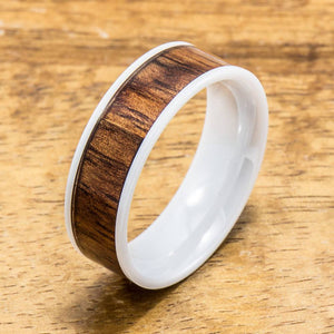 Ceramic Ring Wedding Ring with Koa Wood (4mm - 8 mm width, Flat Style)