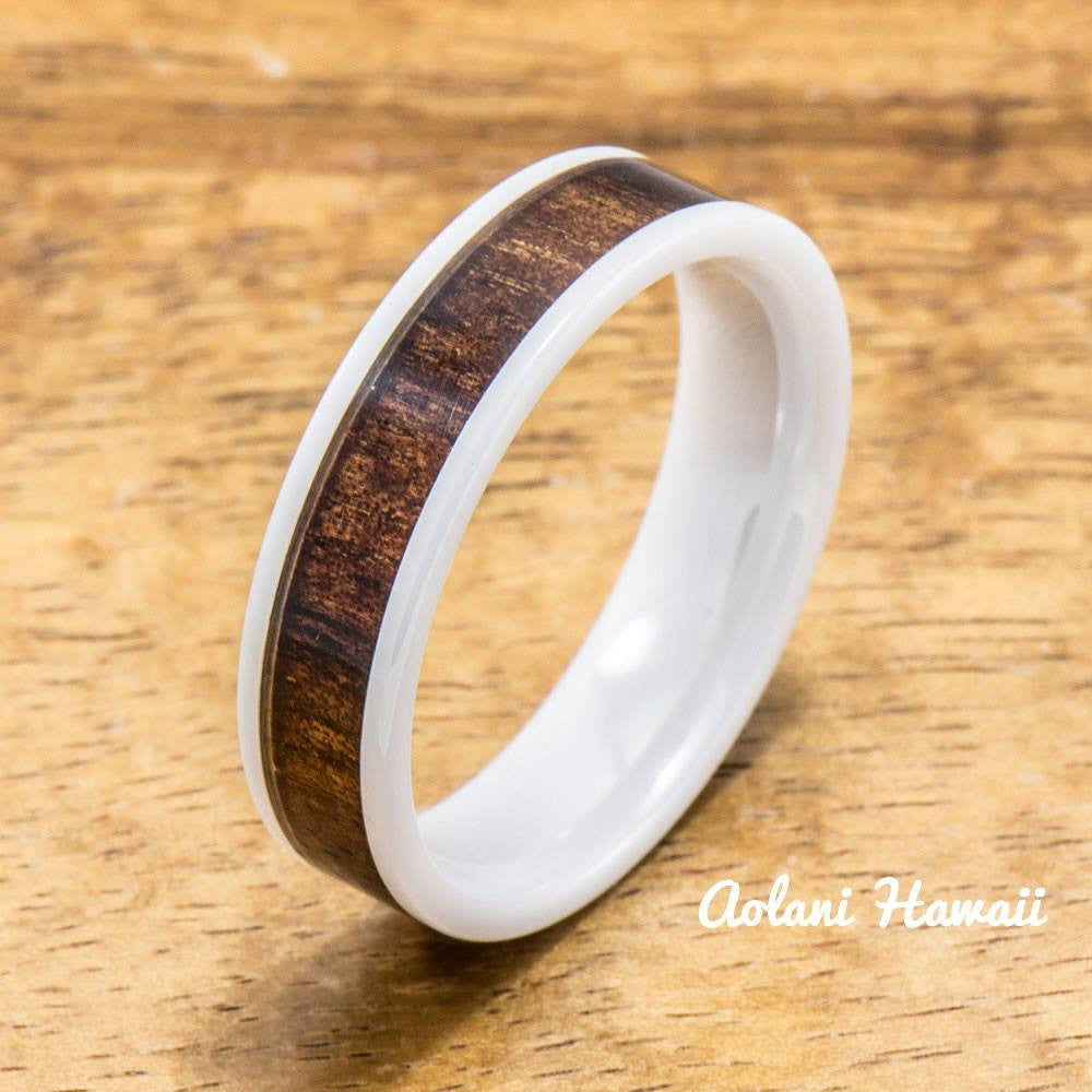 Ceramic Ring Wedding Ring with Koa Wood (4mm - 8 mm width, Flat Style) - Aolani Hawaii - 2