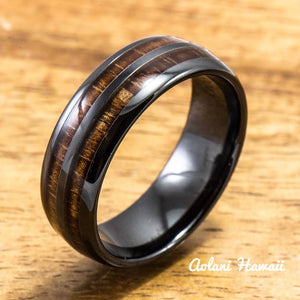 Ceramic Wedding Ring Set - Ceramic Ring with Hawaiian Koa Wood (6mm & 8 mm width, Barrel Style) - Aolani Hawaii - 2