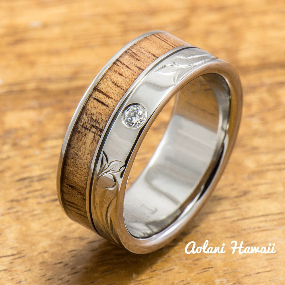 Diamond Titanium Ring with Hawaiian Koa Wood Inlay (8 mm width, Flat Style) - Aolani Hawaii - 1