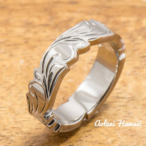 Hand Engraved Titanium Ring with Diamond Setting and Hawaiian Koa Wood Inlay (6mm width, Cutout Edge, Flat Style) - Aolani Hawaii - 2