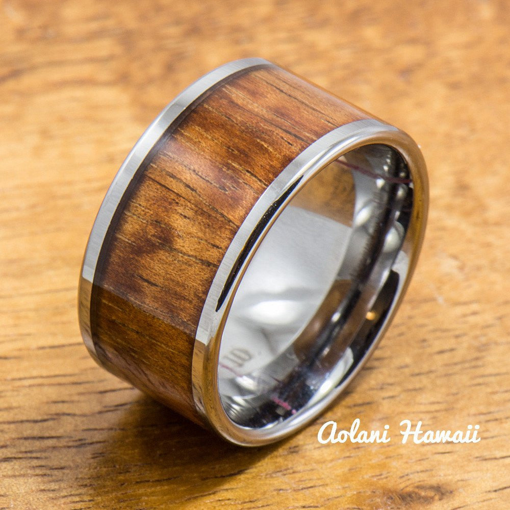 Wedding Band Set of Tungsten Rings with Hawaiian Koa Wood Inlay (4mm & 12mm width, Flat Style) - Aolani Hawaii - 2
