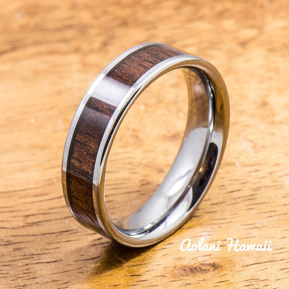 Wedding Band Set of Tungsten Rings with Hawaiian Koa Wood Inlay (6mm & 10mm width, Flat Style) - Aolani Hawaii - 3
