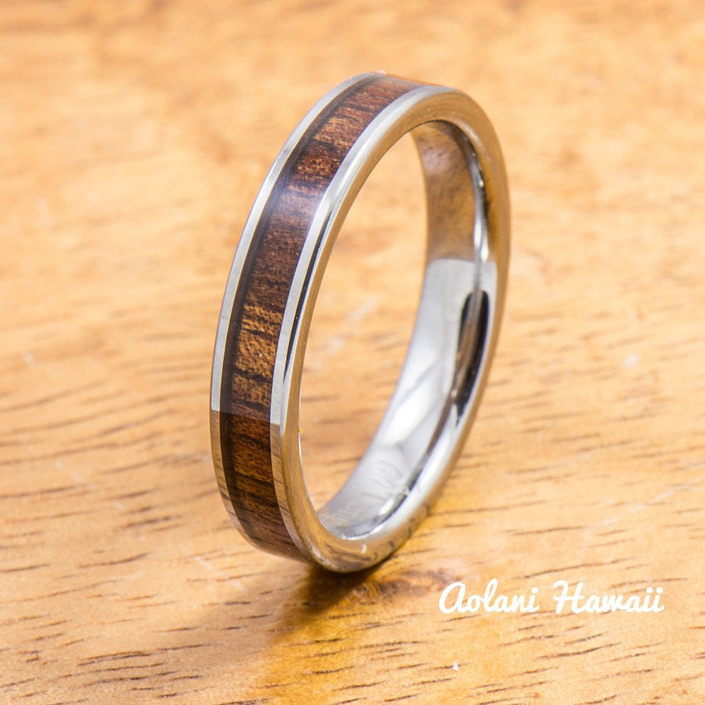 Wedding Band Set of Tungsten Rings with Hawaiian Koa Wood Inlay (4mm & 6mm width, Flat Style) - Aolani Hawaii - 3