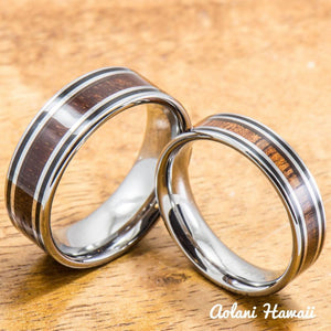 Tungsten Wedding Ring Set with Hawaiian Koa Wood handmade (6mm & 8mm width) - Aolani Hawaii - 1