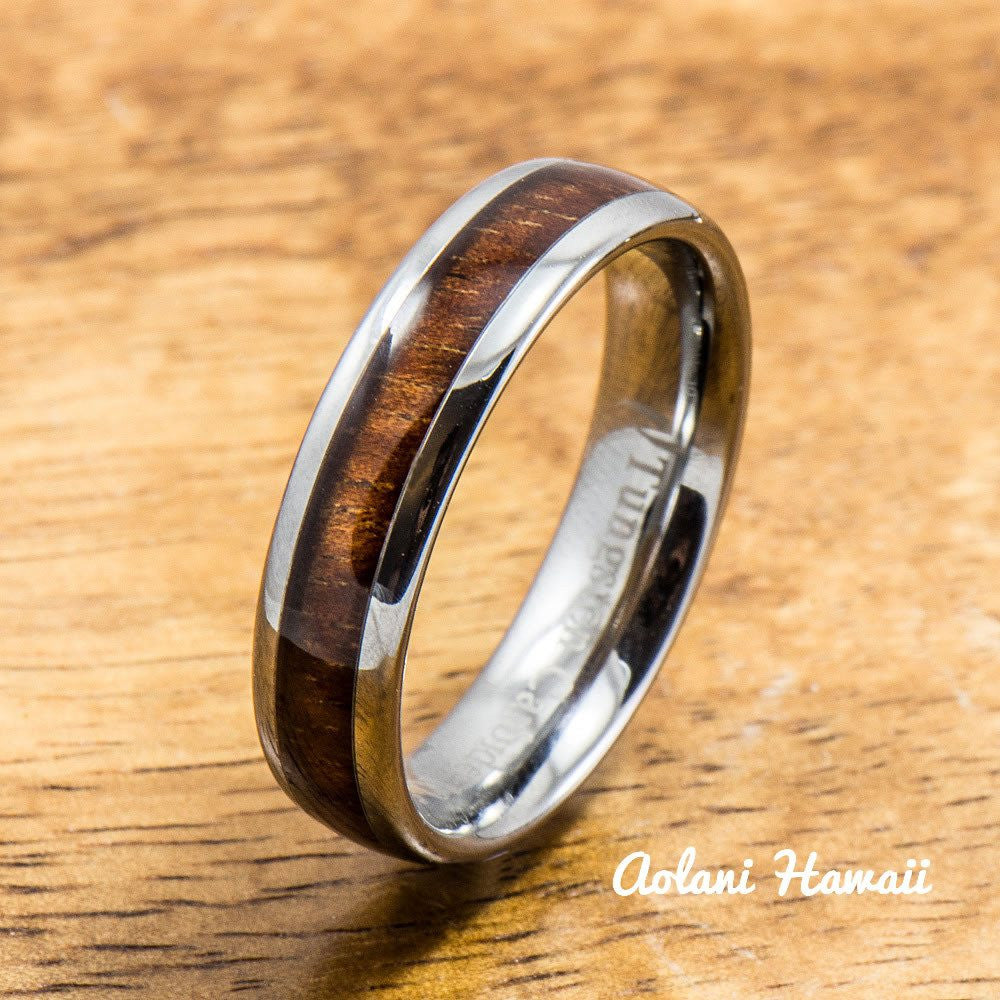Wedding Band Set of Tungsten Rings with Hawaiian Koa Wood Inlay (4mm & 6mm width, Barrel Style) - Aolani Hawaii - 2