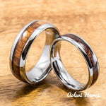 Wedding Band Set of Tungsten Rings with Hawaiian Koa Wood Inlay (6mm & 8mm width, Barrel Style) - Aolani Hawaii - 1