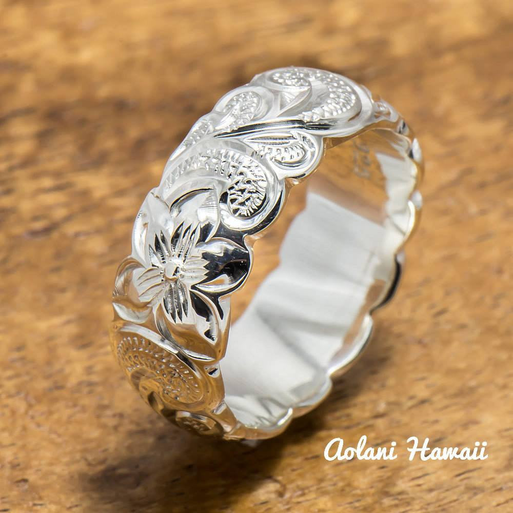 
            
                Load image into Gallery viewer, Hawaiian Ring - Hand Engraved Sterling Silver Barrel Ring (4mm - 10mm width, Barrel style) - Aolani Hawaii - 5
            
        