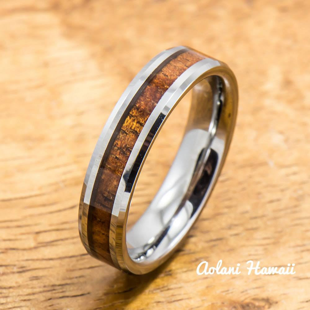 Koa Ring Handmade with Tungsten (5mm - 8mm width, Flat style) - Aolani Hawaii - 2